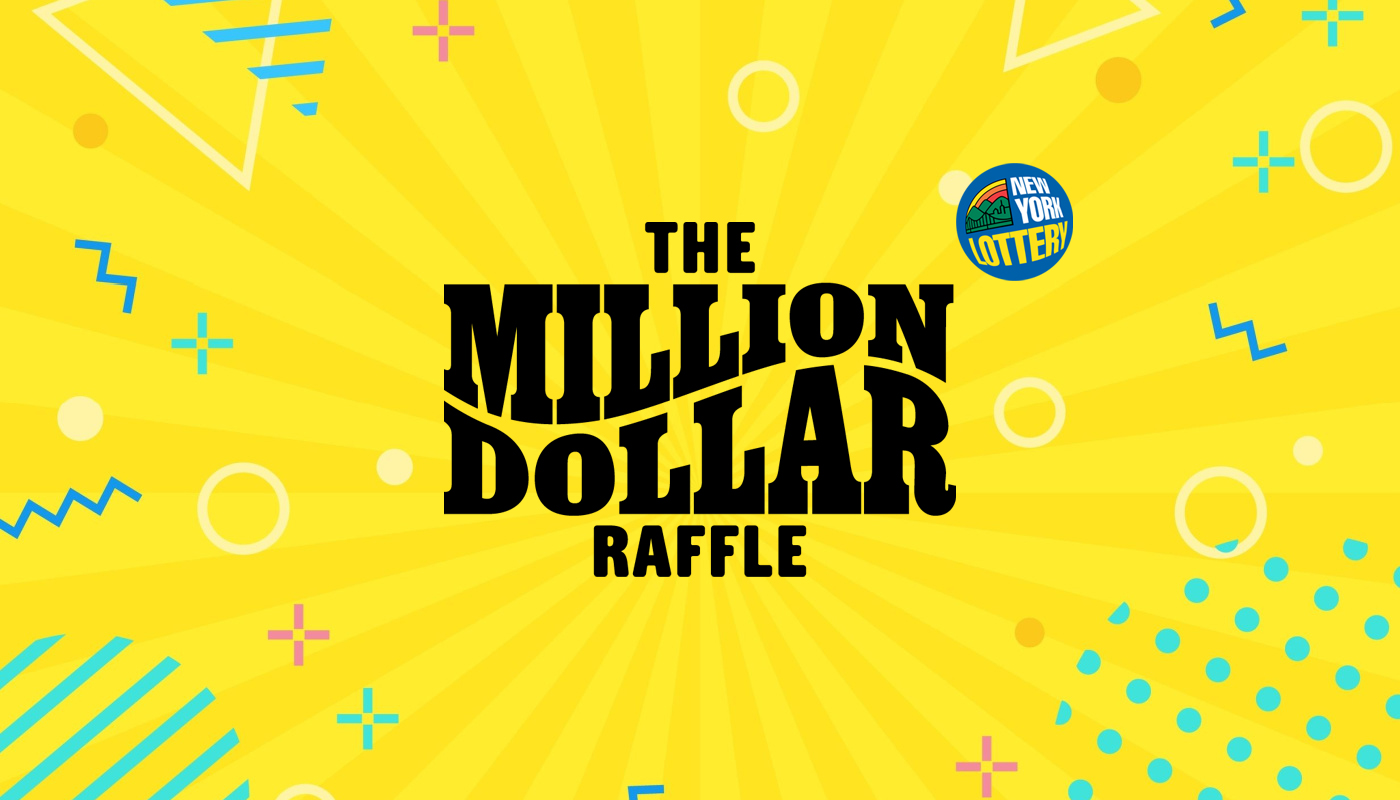 The Million Dollar Raffle and New York Lottery logos over a yellow background.