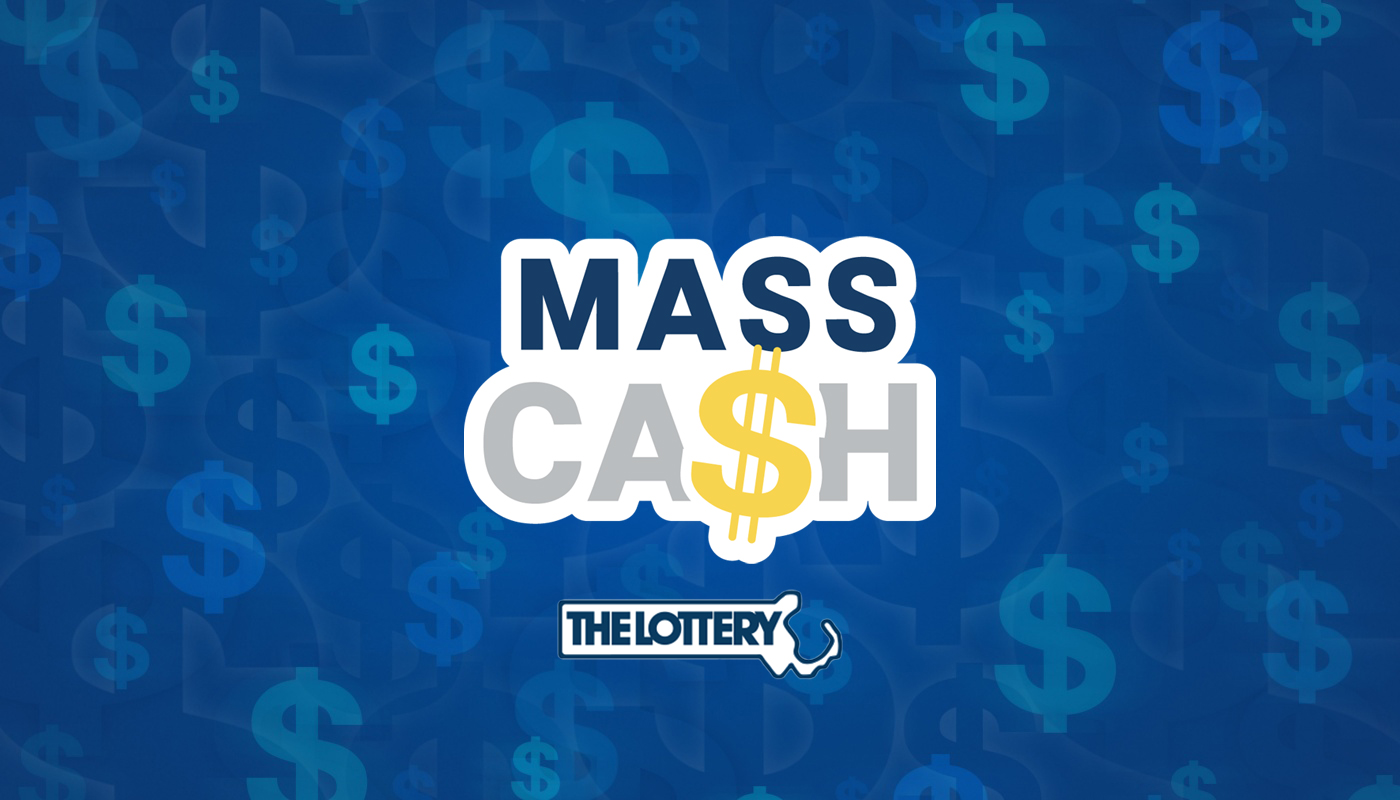 The Mass Cash and Massachusetts Lottery logos over a blue background with dollar signs.
