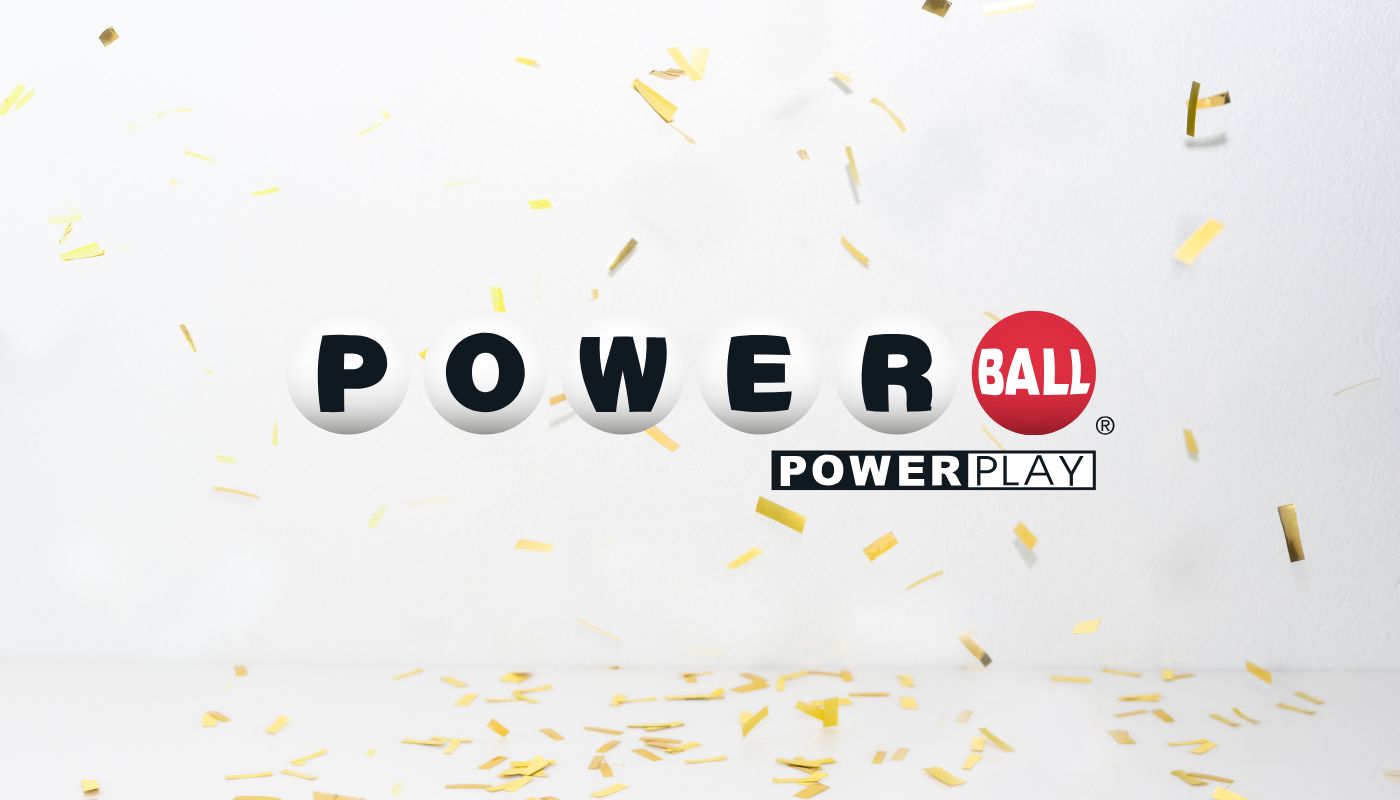 The Powerball logo over a white background with golden confetti.