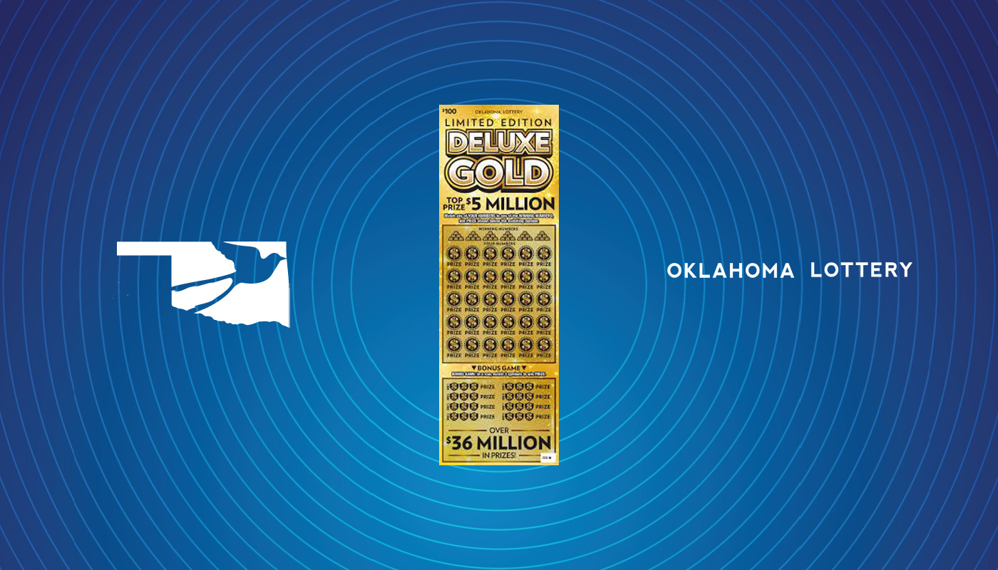 The Oklahoma Lottery logo and a $100 Limited Edition Deluxe Gold over a blue background.