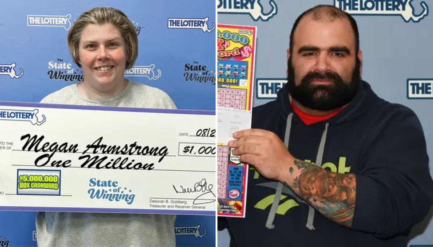 Megan and Greg Armstrong with their $1 million Massachusetts Lottery checks.