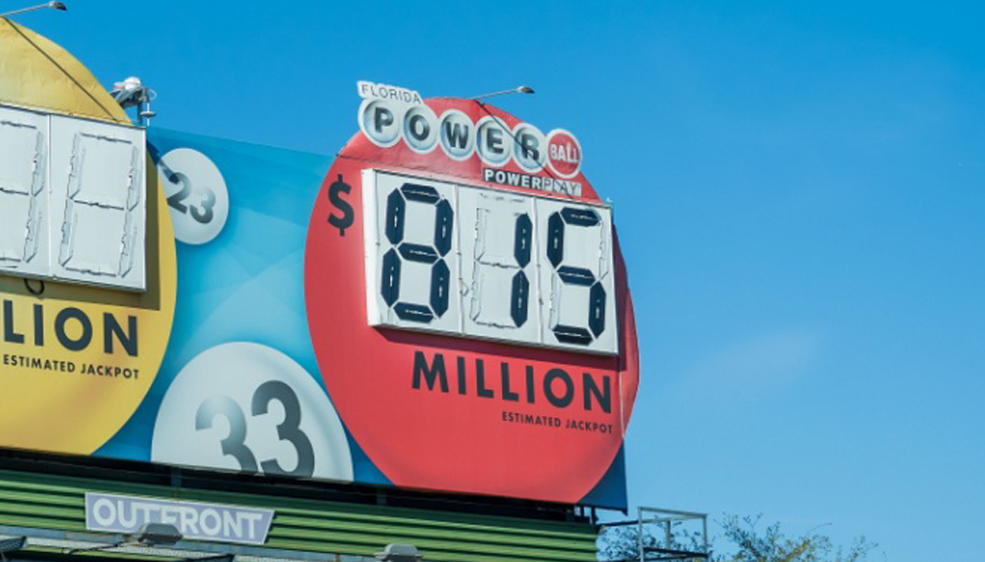 A lottery billboard displaying Powerball's $815 million jackpot for the August 27, 2025, drawing.