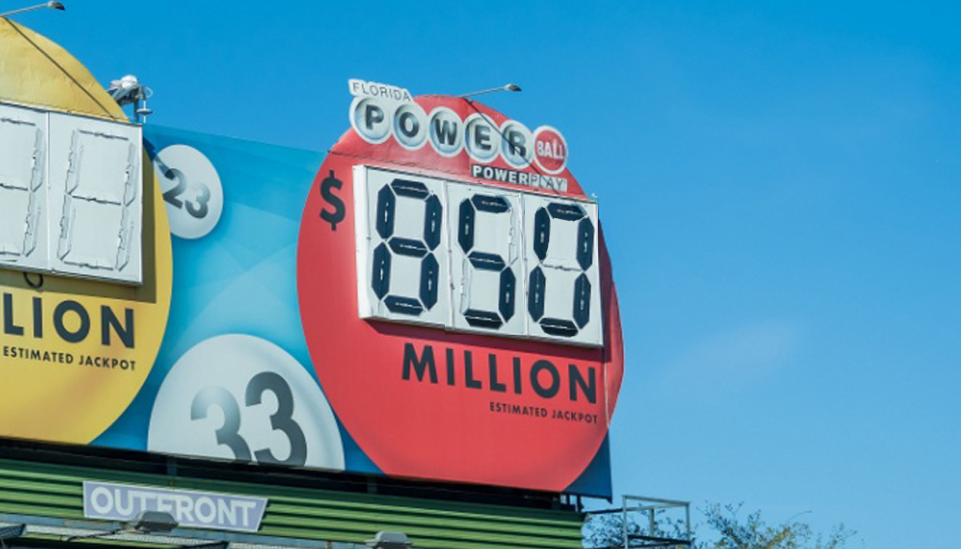 A lottery billboard displaying Powerball's $850 million jackpot for the August 27, 2025, drawing.