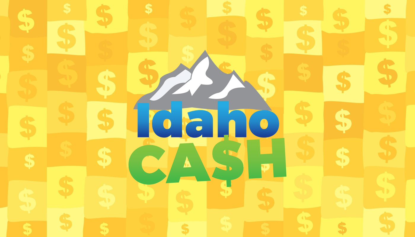 The Idaho Cash logo over a yellow background with dollar signs.