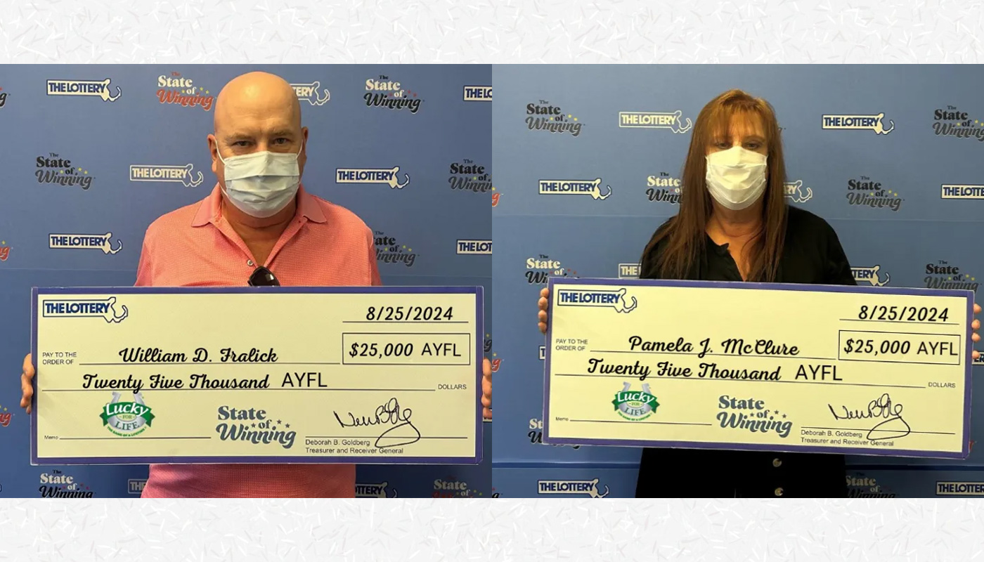 Siblings William Fralick and Pamela McClure with their matching Massachusetts Lottery checks.