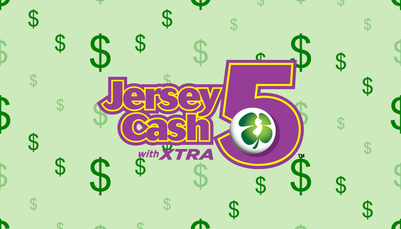 The Jersey Cash 5 logo over a green background with dollar signs.