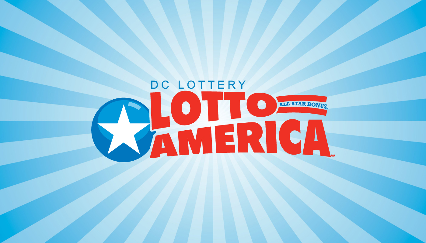 The DC Lottery Lotto America logo over a blue background with sky blue rays coming out from the center.