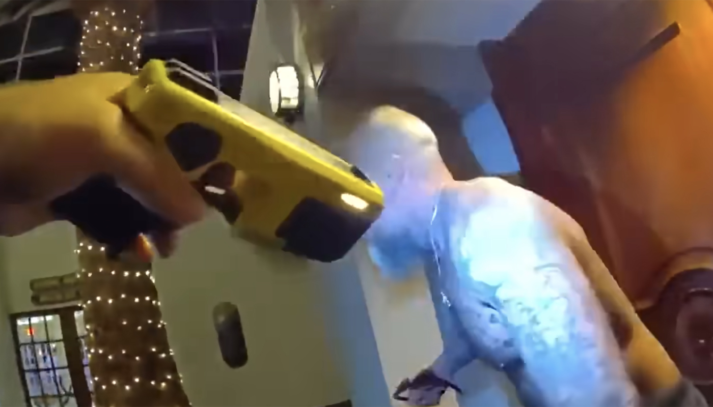 A screen capture of police bodycam footage showing the detention of  James Farthing on April 29, 2025.