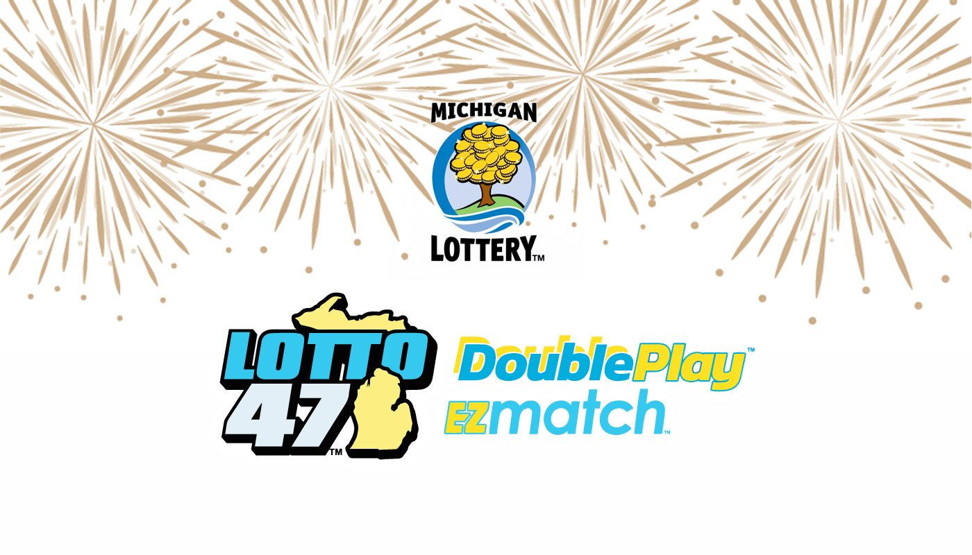The Michigan Lottery and the Lotto 47 logos over a white background with fireworks in the background.