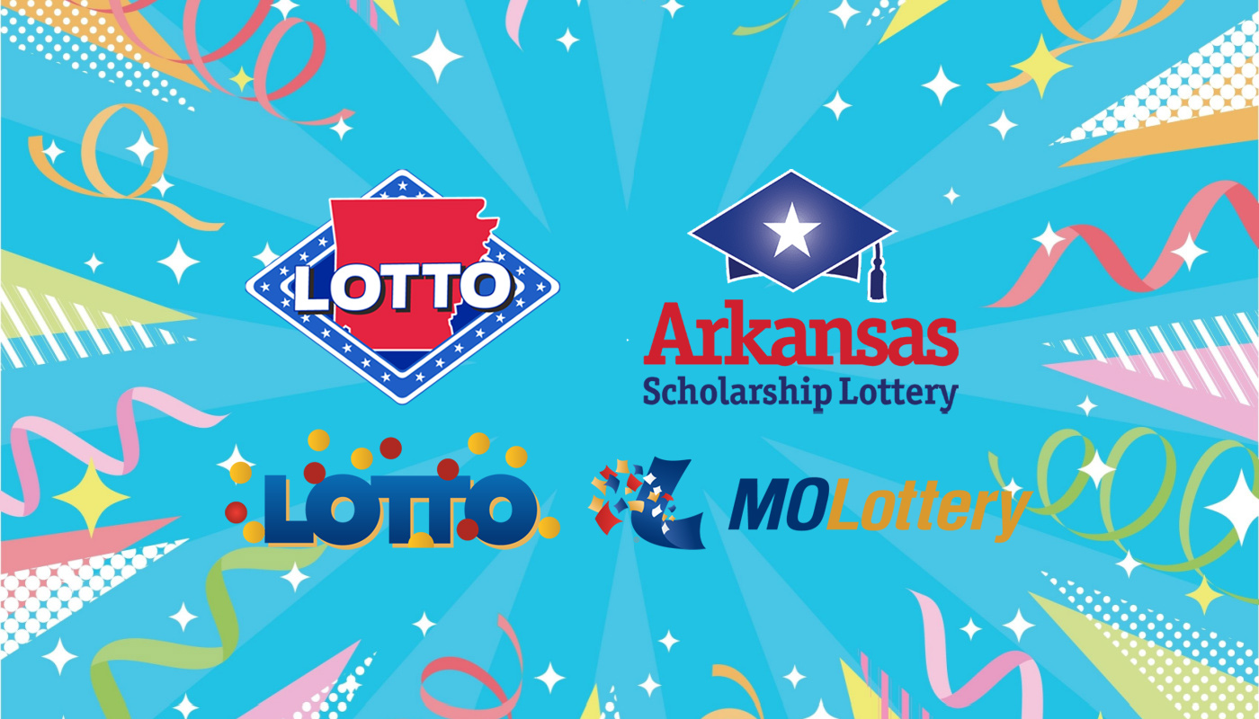 The Missouri Lotto and Arkansas LOTTO logos over a sky blue background with confetti.