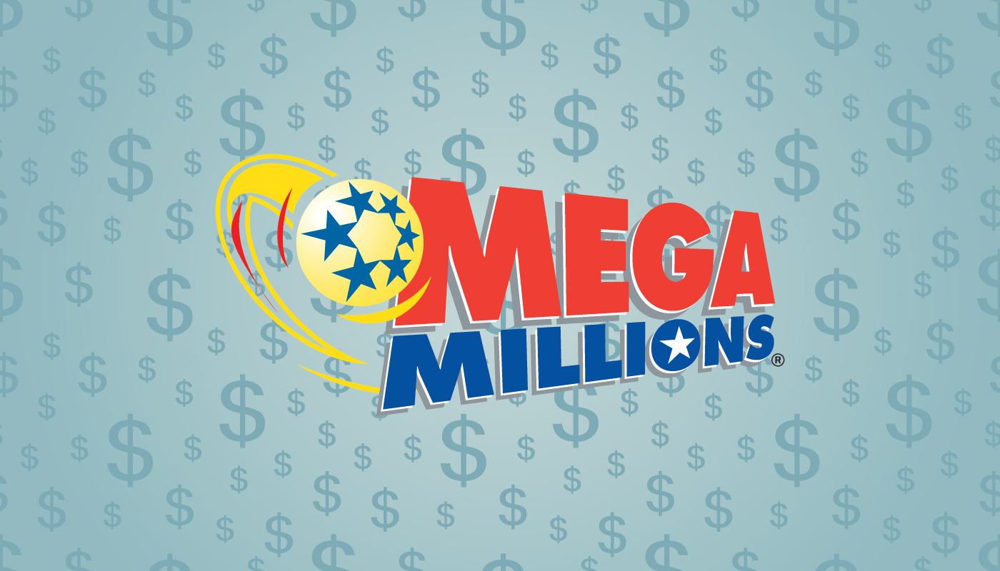 The Mega Millions logo over a sky blue background with dollar signs.