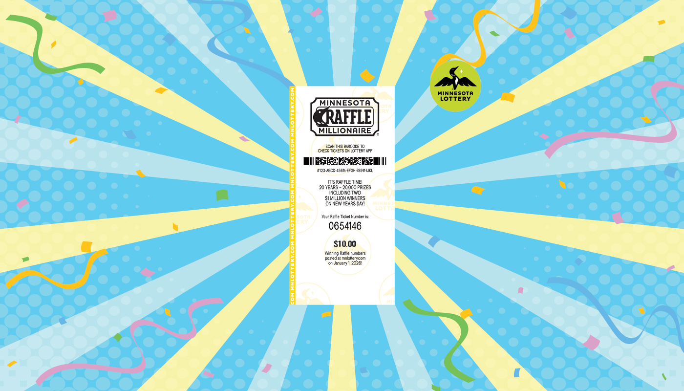 A sample Minnesota Millionaire Raffle ticket and the Minnesota Lottery logo over a sky blue background.