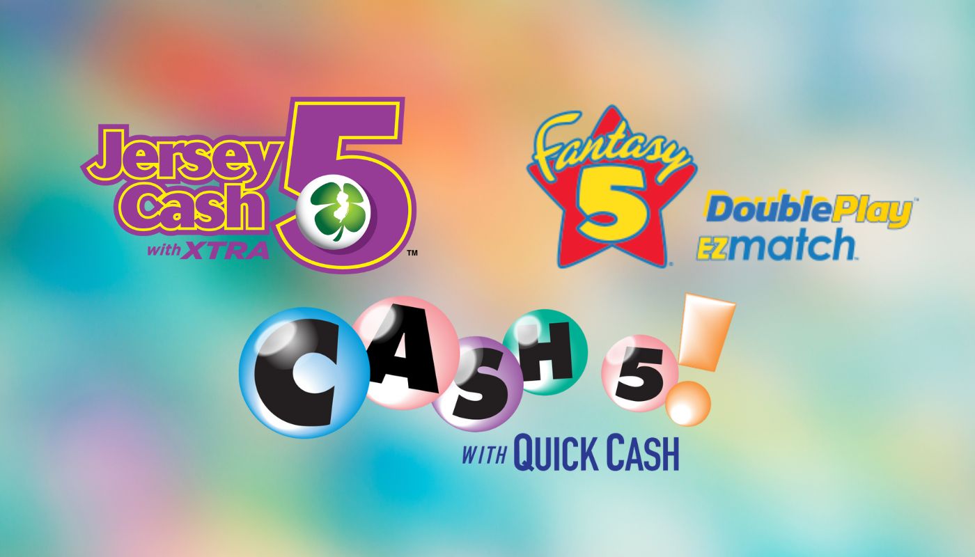 The Jersey Cash 5, Cash 5 with Quick Cash, and Fantasy 5 logos over a colorful background.
