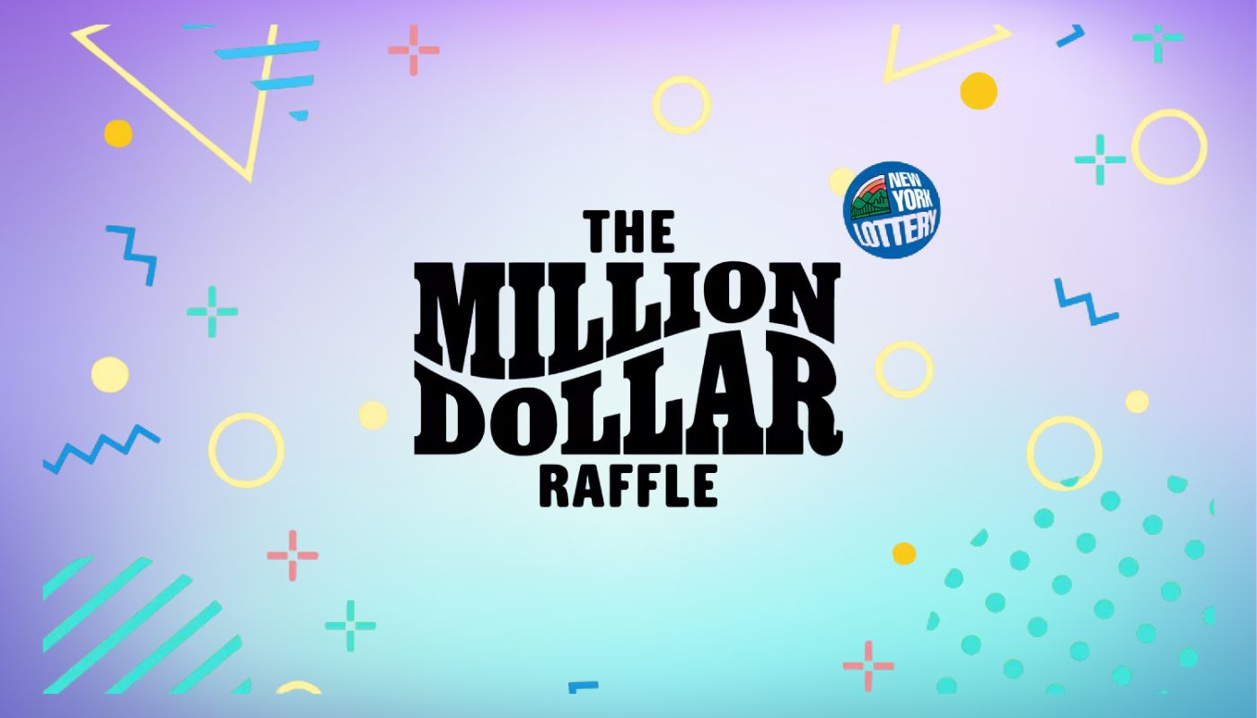 The New York Lottery and the Million Dollar Raffle logo over a sky blue and purple background.