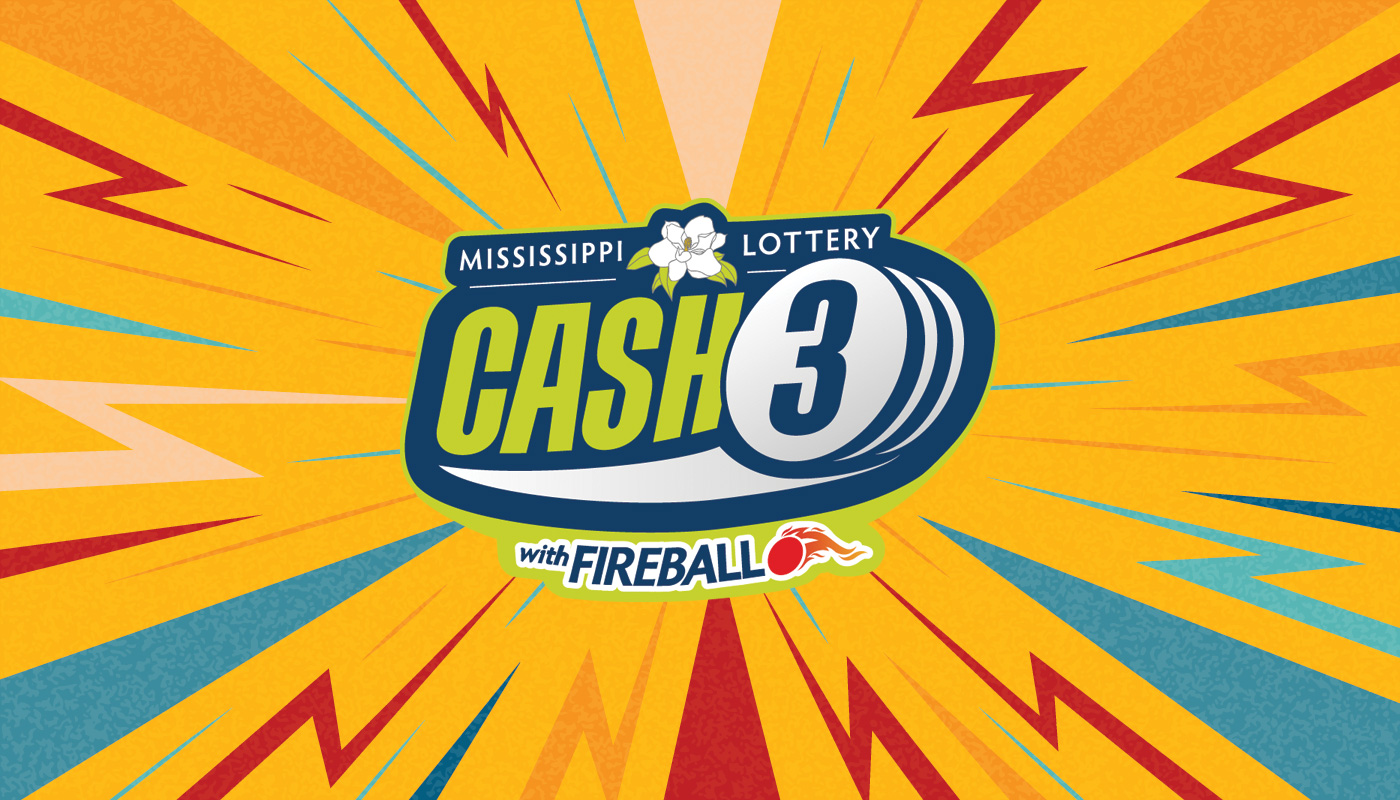 The Mississippi Lottery Cash 3 logo over a yellow background with red and blue strikes.