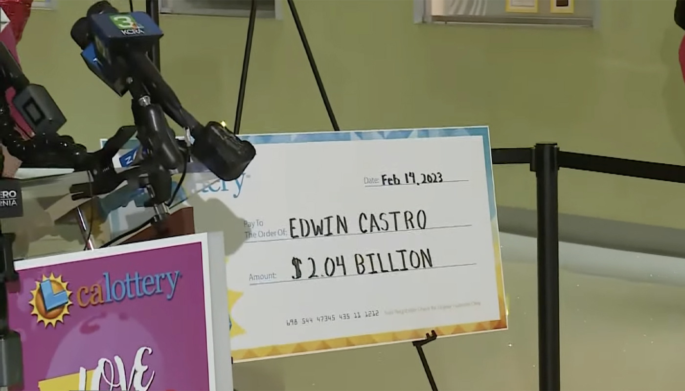 A big California Lottery check for the $2.04 billion Powerball jackpot won by Edwin Castro in November 2022.