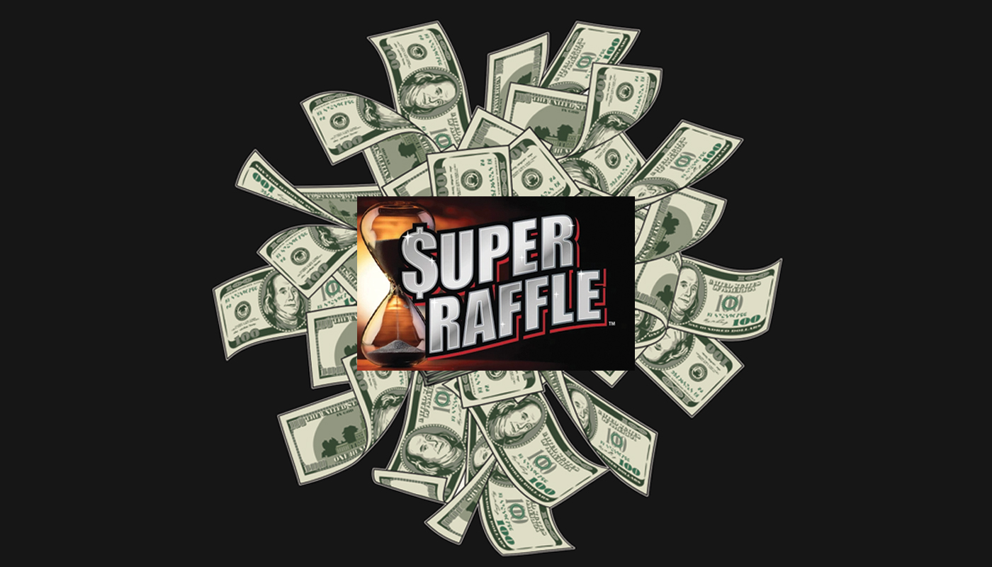 The Michigan Lottery Super Raffle logo over a black background with dollar bills.