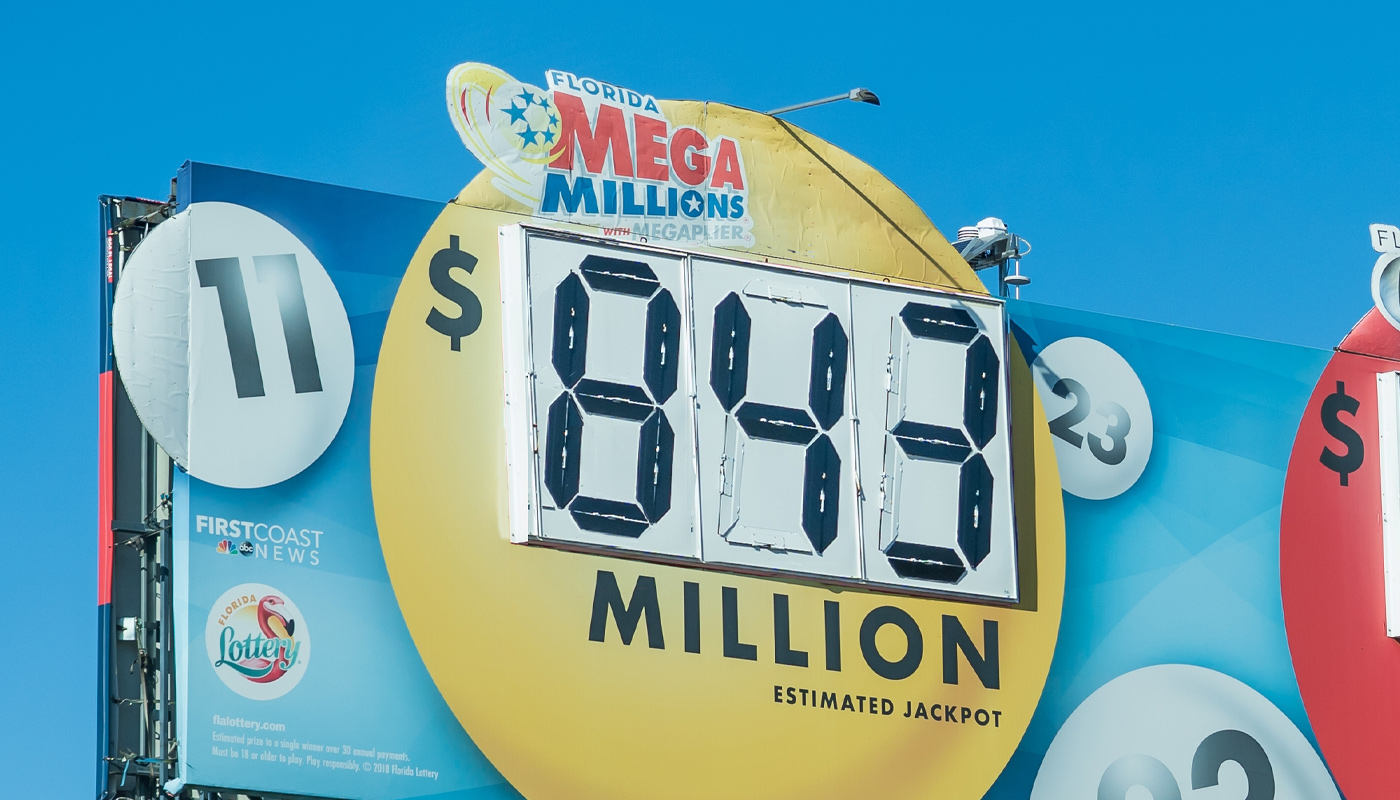 A billboard displaying an $843 million Mega Millions jackpot.