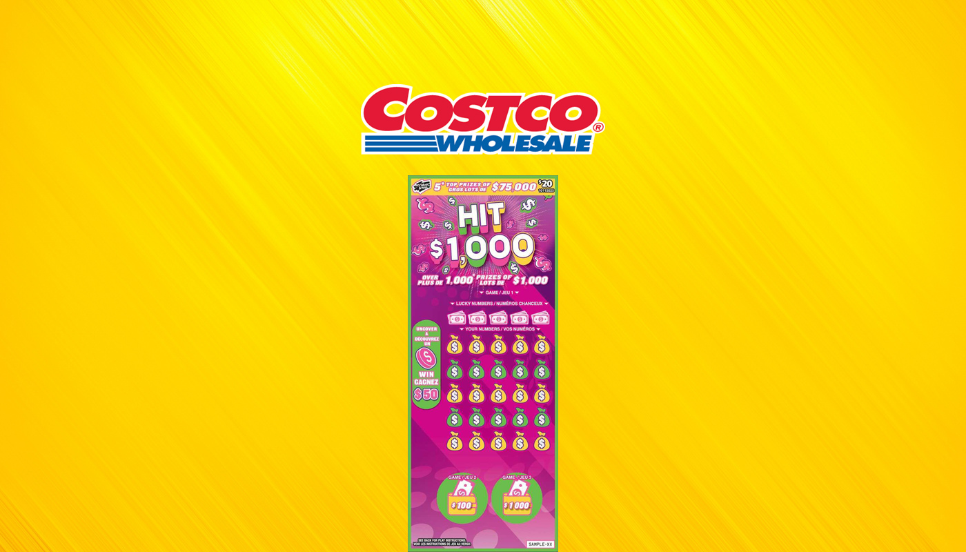 The Costco logo and a picture of a Hit $1,000 scratch-off ticket, the new Costco exclusive from the British Columbia Lottery Corporation.