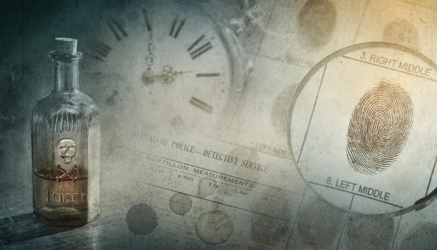 A drawing of a bottle of poison, crime investigation documents, and a magnifying glass over a fingerprint.