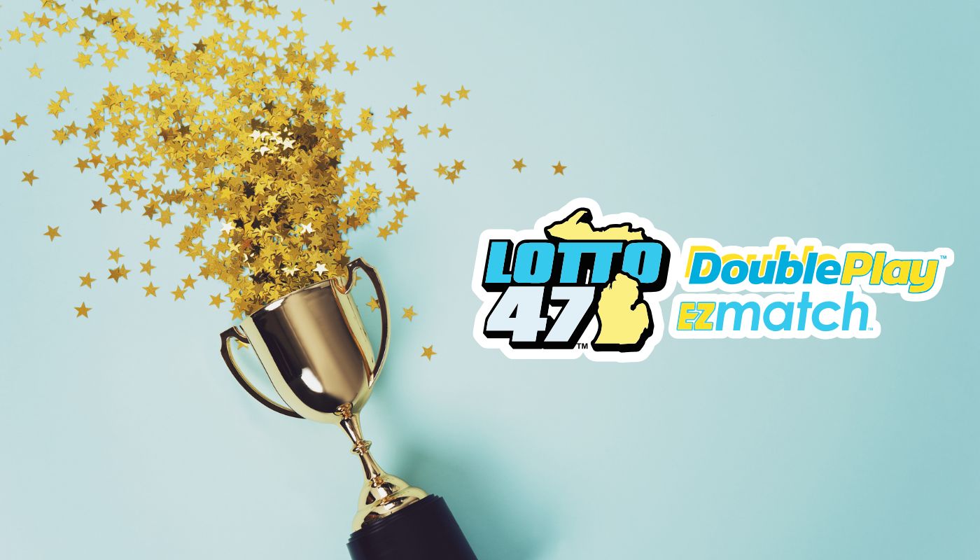 The Michigan Lotto 47 logo next to trophy with confetti.