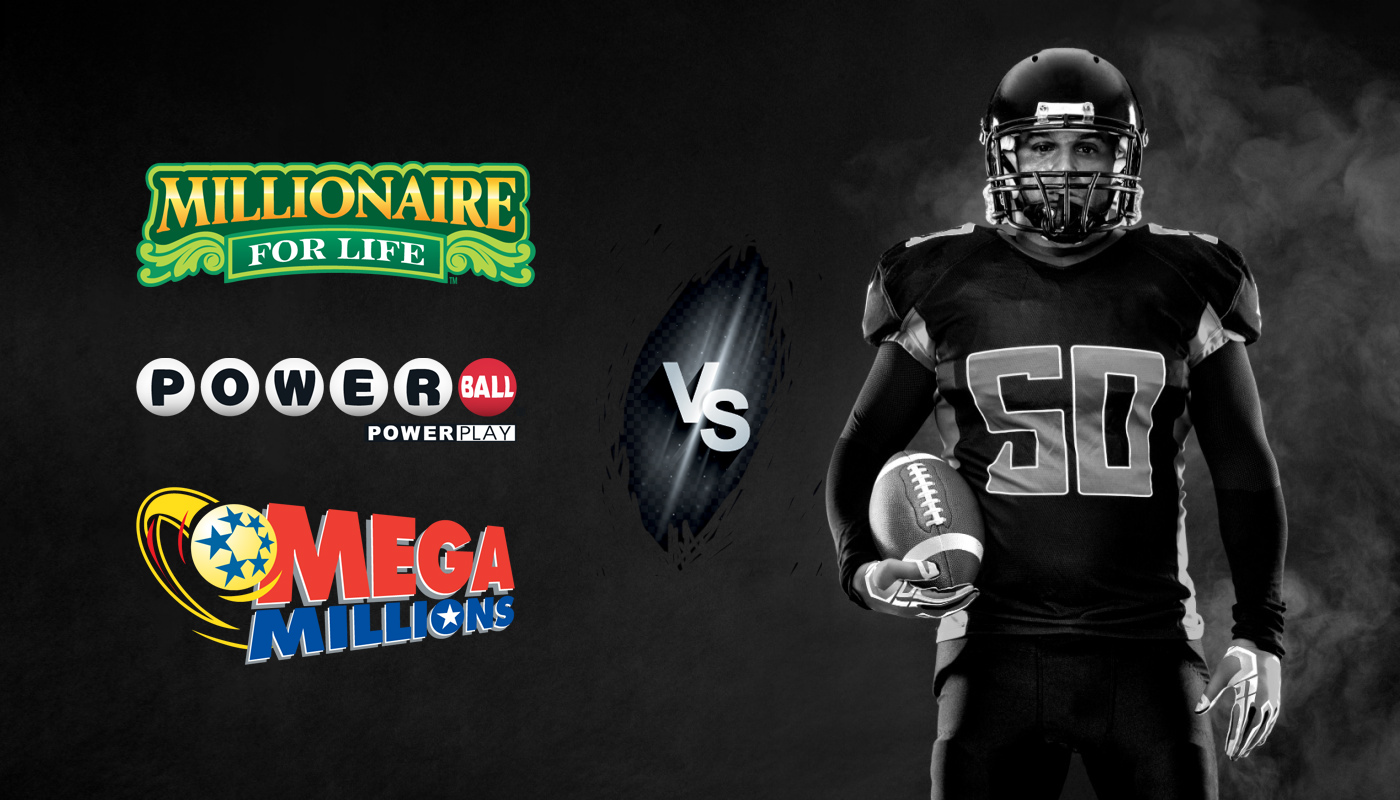 The Powerball, Mega Millions, and Millionaire for Life logos in front of an American football player.