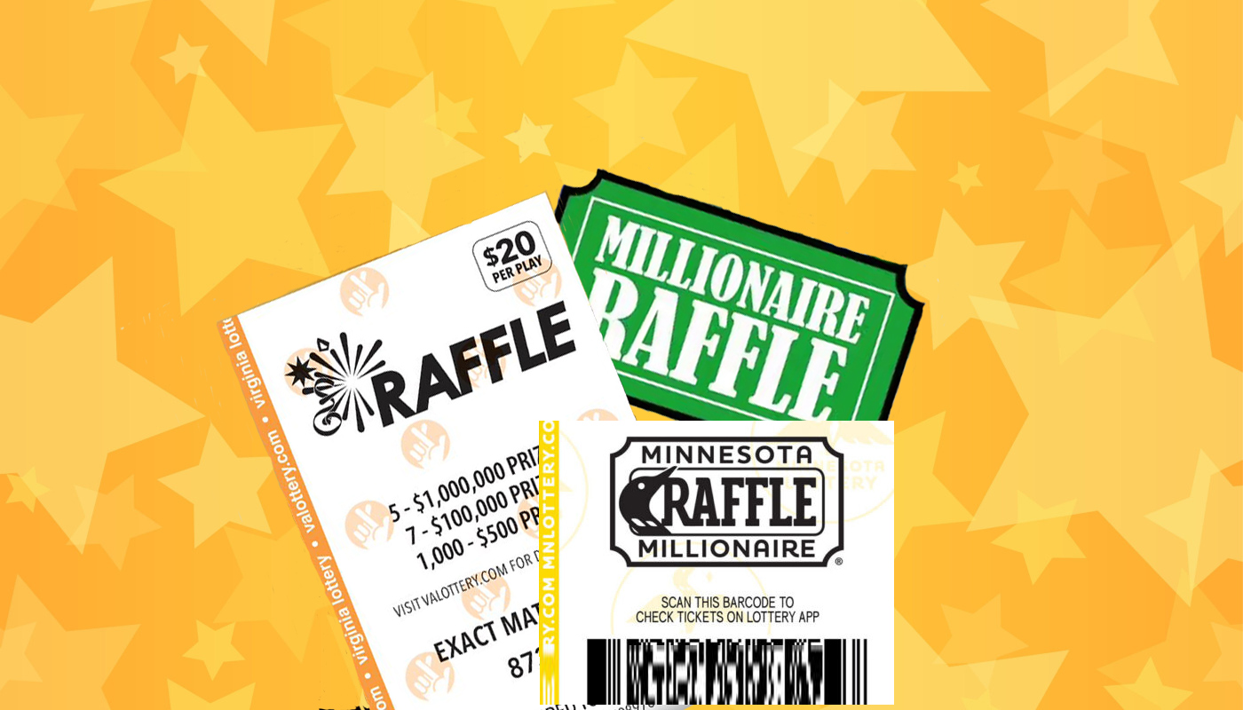 The image of a Georgia Millionaire and Minnesota Millionaire Raffle ticket, along with the logo for the Pennsylvania New Year's Millionaire Raffle.