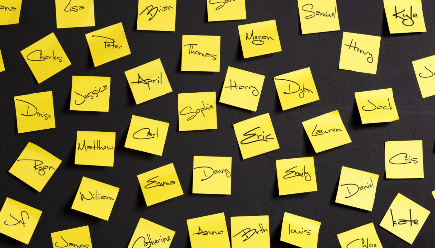 Post it notes with names on a blackboard.