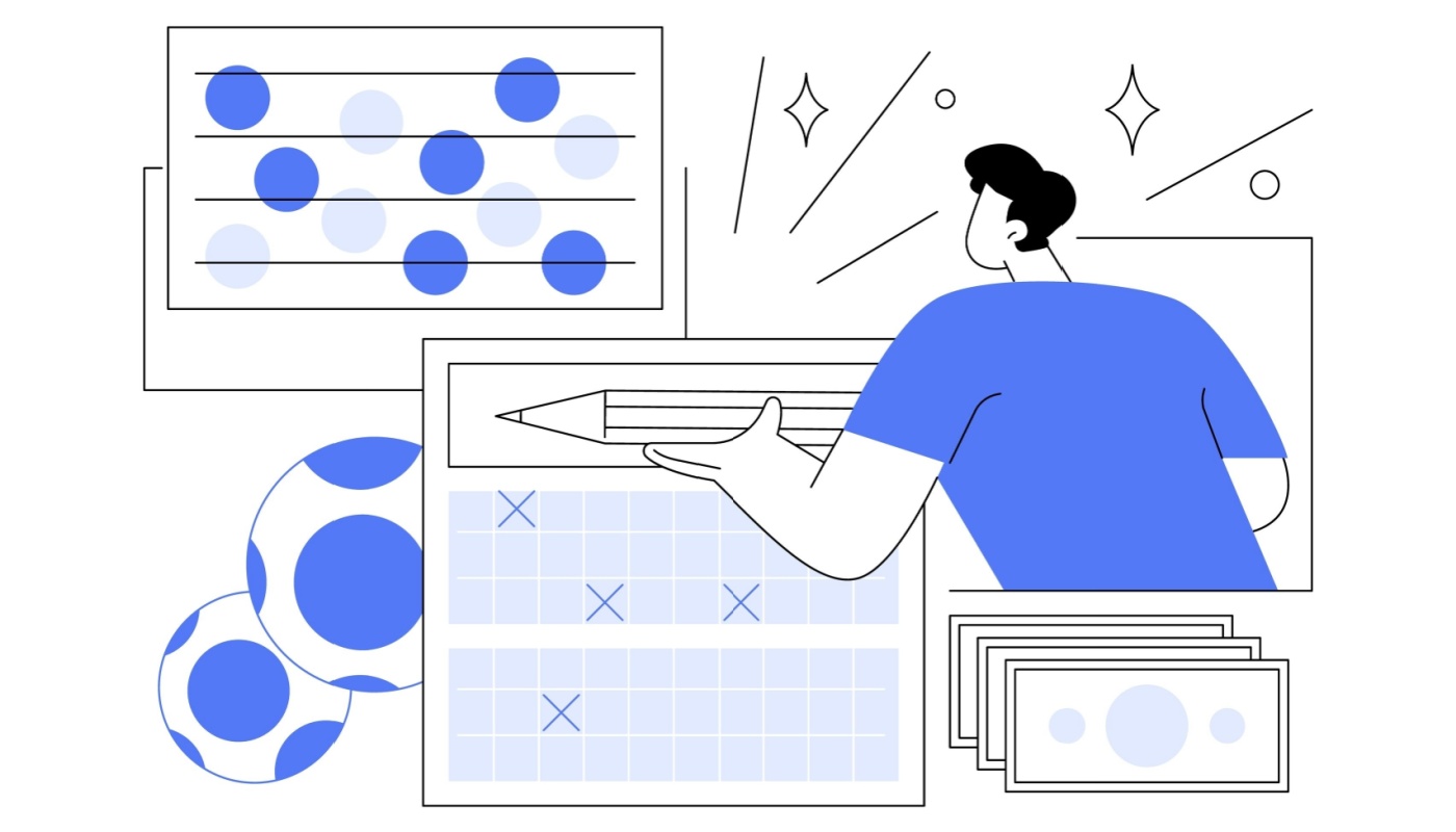 An abstract drawing of a person analyzing data and playing the lottery.