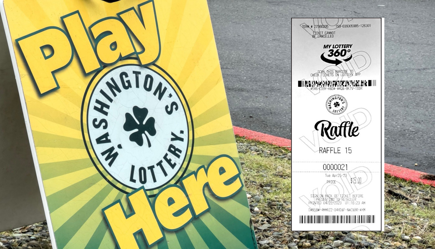 A Washington Lottery sign and an image of a Washington Lottery St. Patrick's Day Raffle ticket.