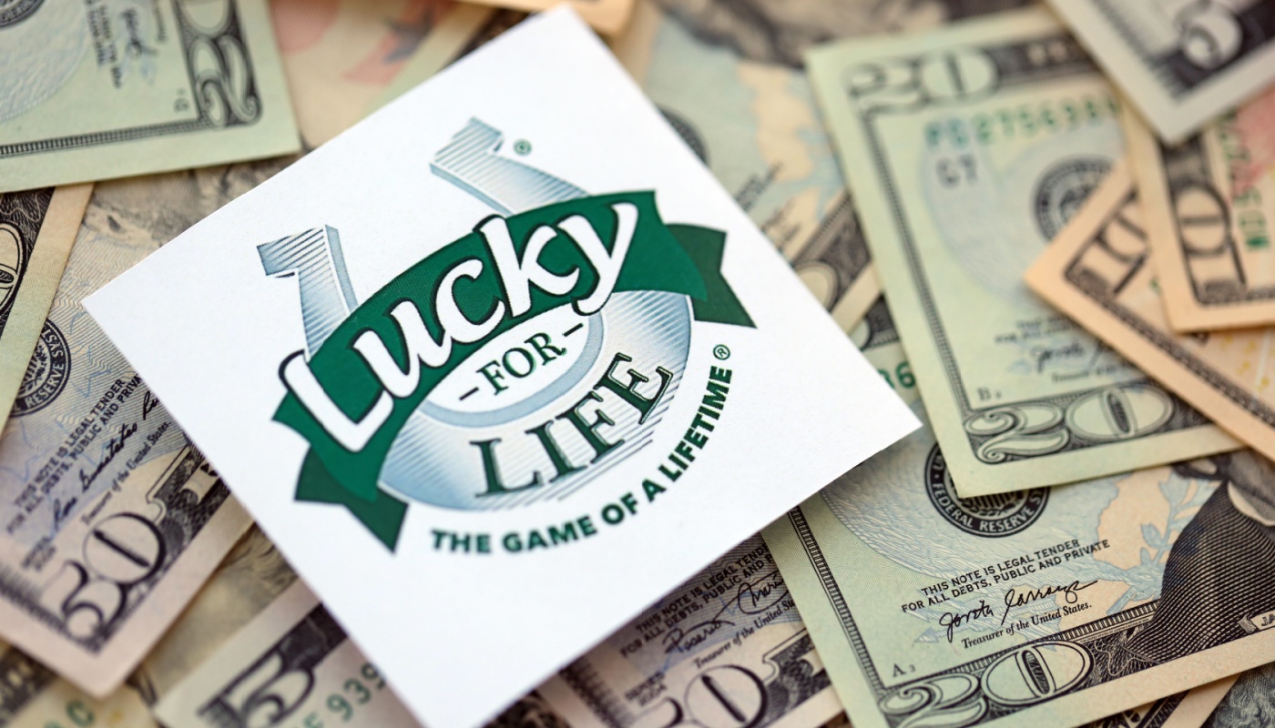 A sticker with the Lucky for Life logo over a pile of U.S. dollar bills.