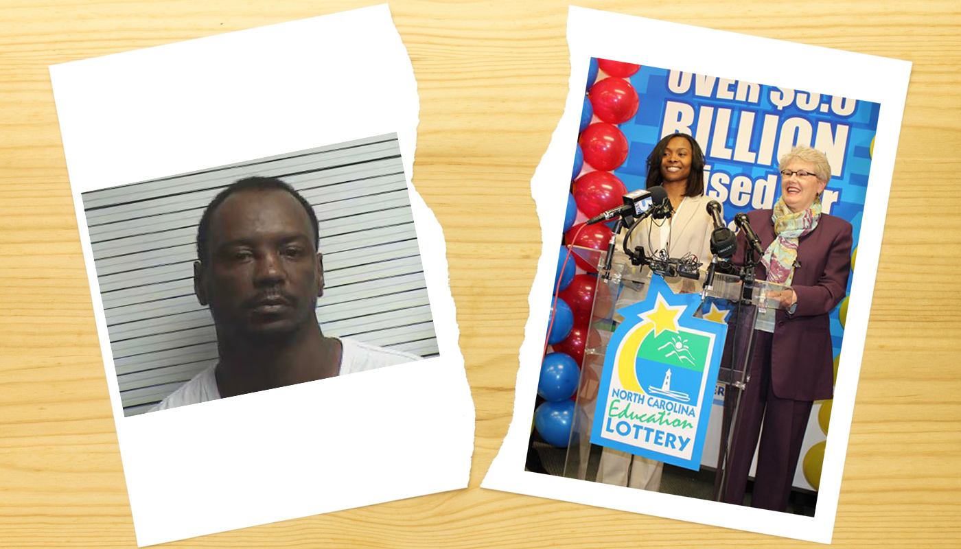 Lamar McDow's mugshot and a picture of Maria Holmes claiming her North Carolina Lottery jackpot.