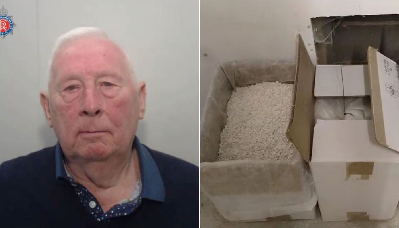 John Spiby Sr.'s mugshot next to a photograph of drugs found during a raid of the drug operation he was a part of.