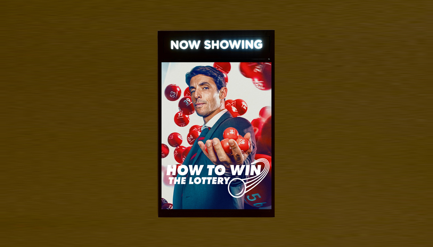A "Now playing" sign with a posted for the "How to win the Lottery" Netflix series.
