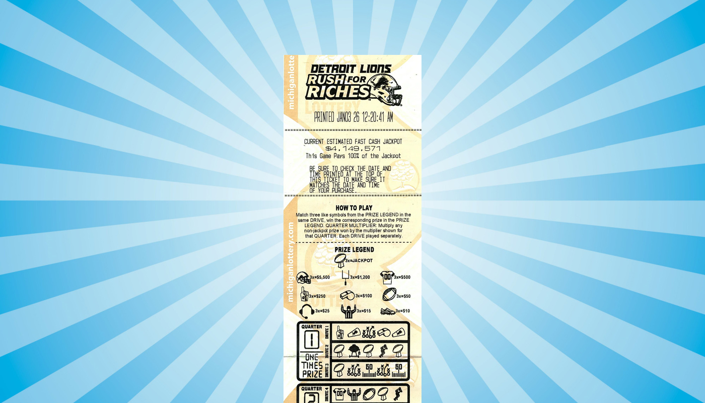 A picture of the $4.14M record-winning Michigan Lottery Detroit Lions Rush for Riches Fast Cash ticket.