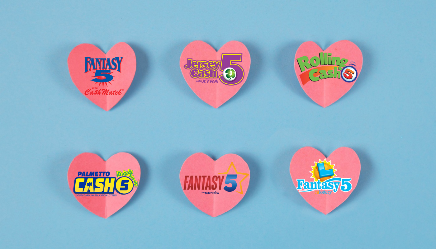 Six paper Valentine Day's hearts with the logos of the Jersey Cash 5, Palmetto Cash5, GA Fantasy 5, Rolling Cash 5, FL Fantasy 5, and the  CA Fantasy 5 games.