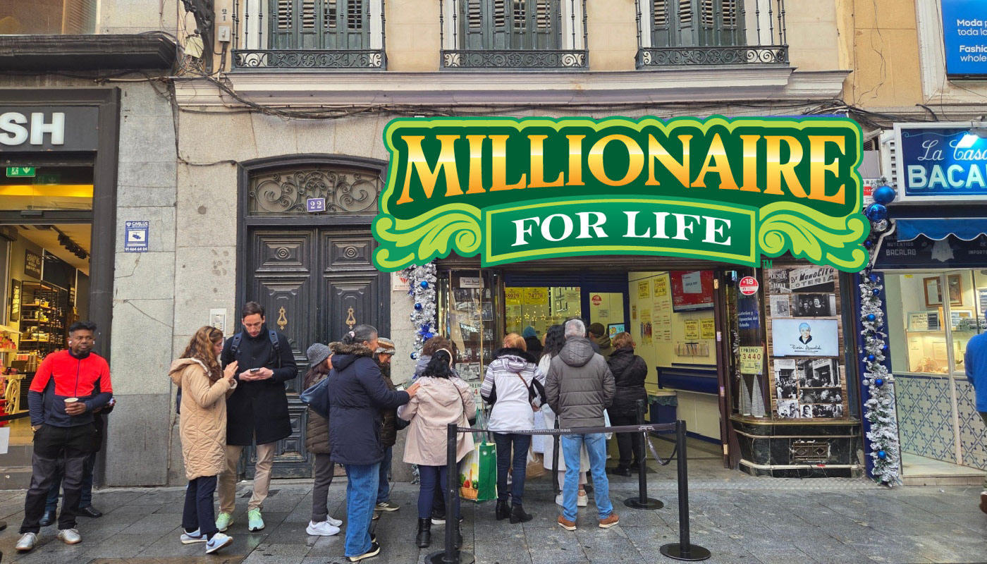 A bunch of people queuing to enter a lottery retailer and play Millionaire for Life.
