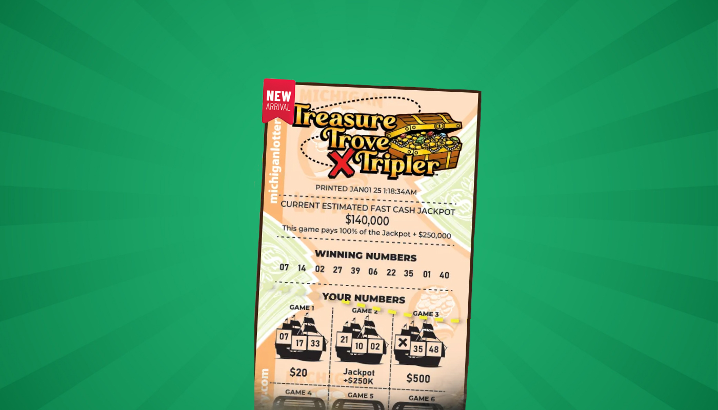 A picture of the new Michigan Lottery Fast Cash game Treasure Trove Tripler.