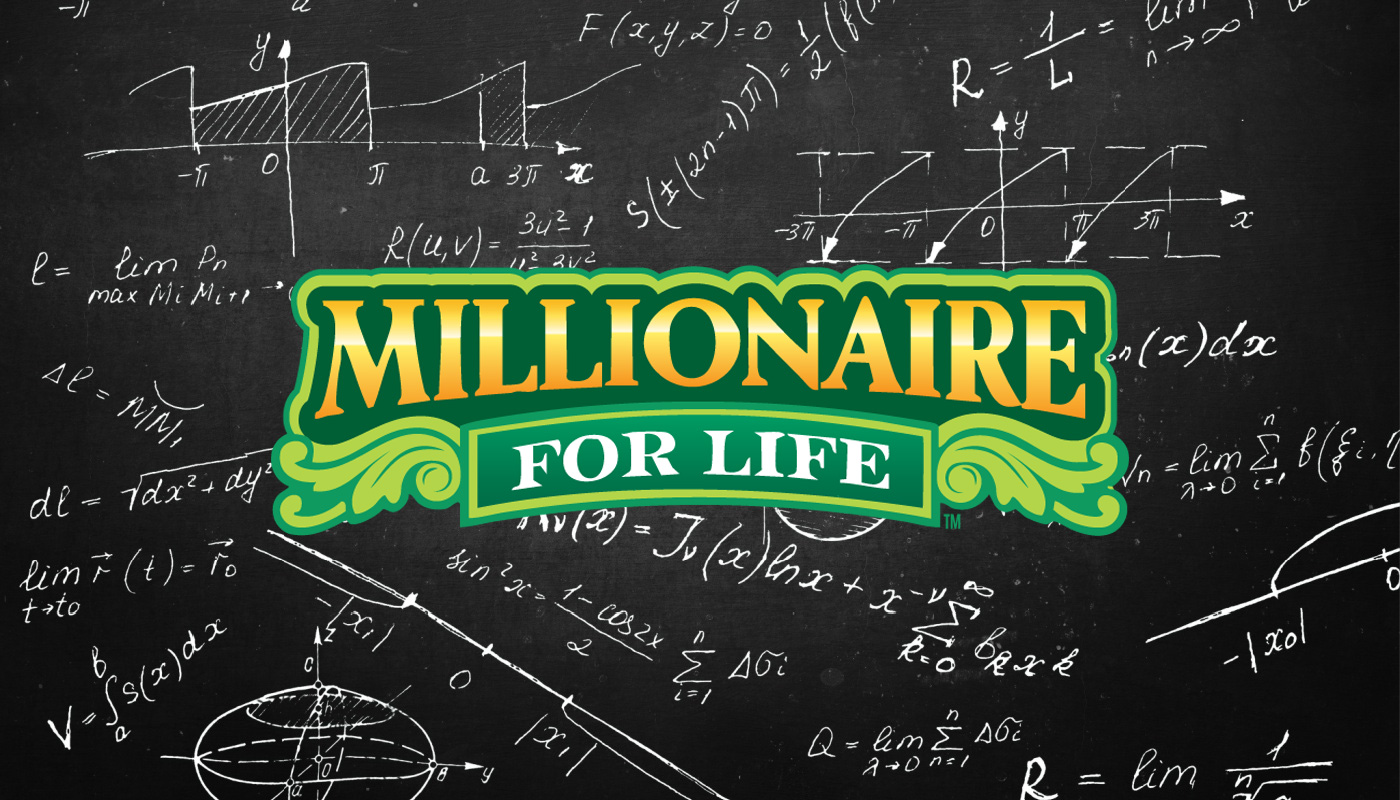 A blackboard with math equations, graphs, and other math related items written on it, with the Millionaire for Life logo in the middle.