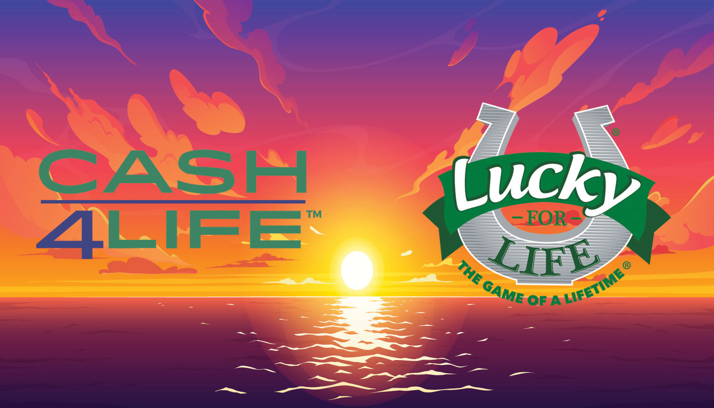 A drawing of a sunset along with the logos of Cash4Life and Lucky for Life.