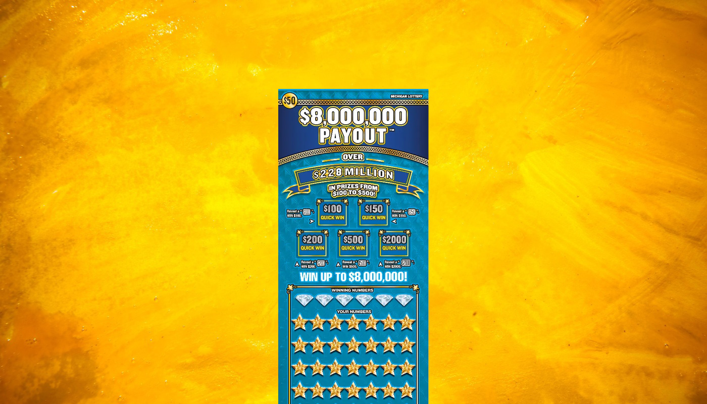 Michigan Lottery's $8,000,000 Payout scratch-off ticket over an orange background.