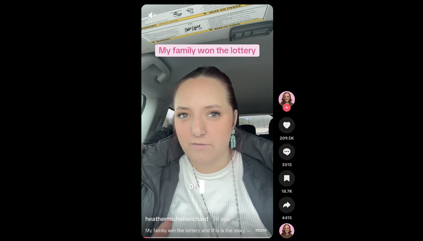 A screenshot of @heathermichellerichard's TikTok video where they discuss their family's lottery jackpot win.