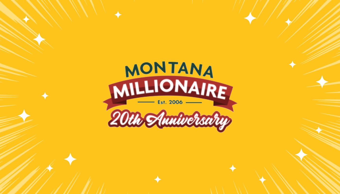The Montana Millionaire Raffle 20th Anniversary logo over a yellow background.