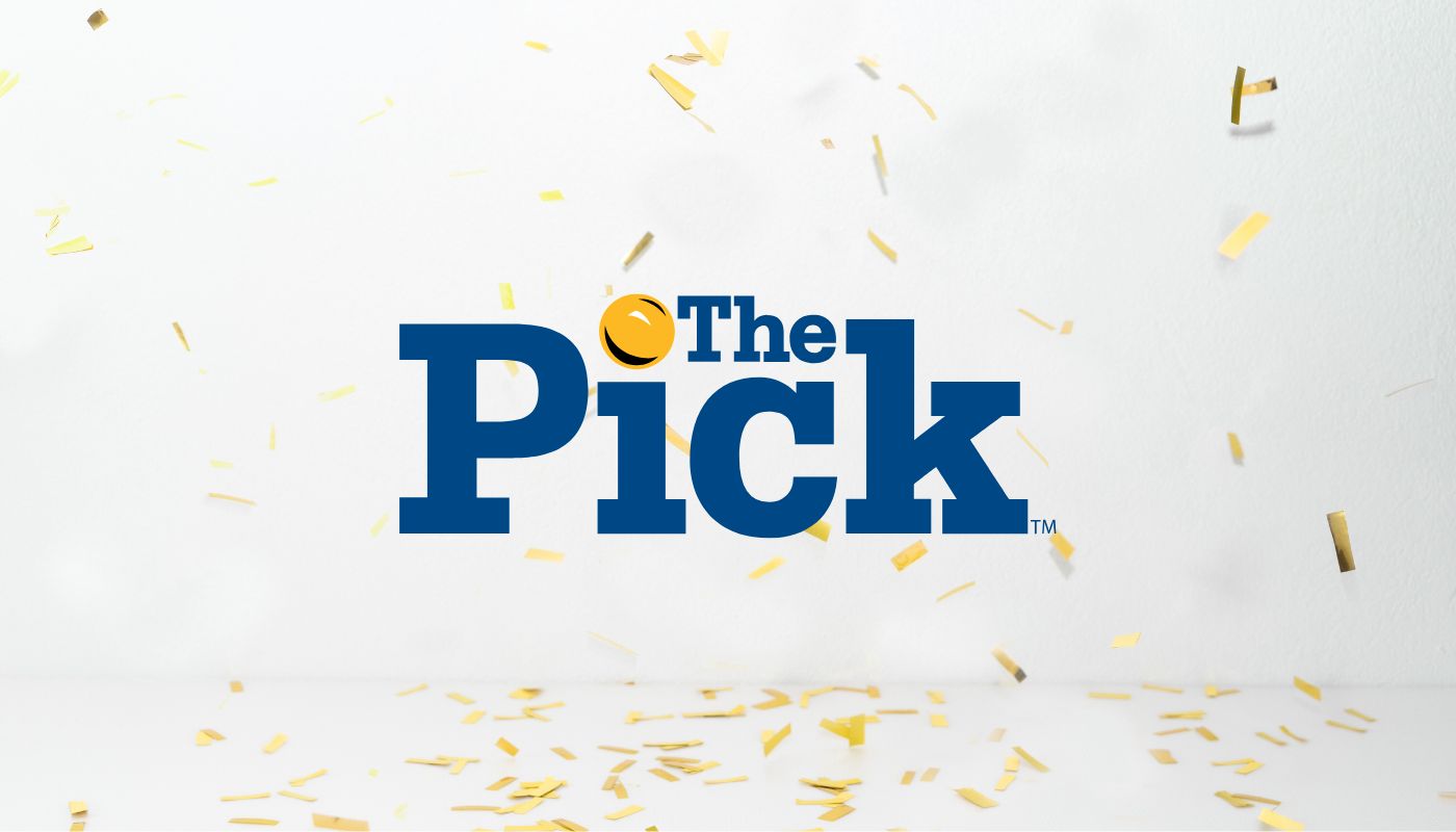 Arizona Lottery's The Pick game logo over a white background with golden confetti.