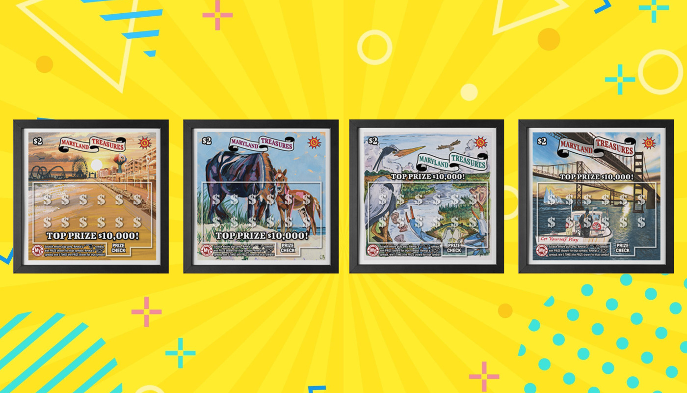 The four winning designs for the Maryland Treasures Art Contest, held by the Maryland Lottery.