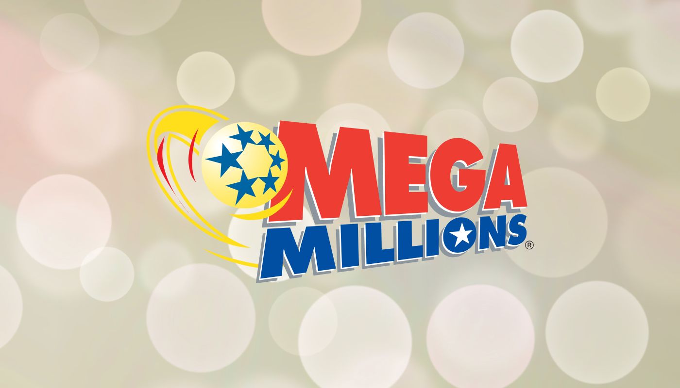 The Mega Millions logo over a white background with light orbs.