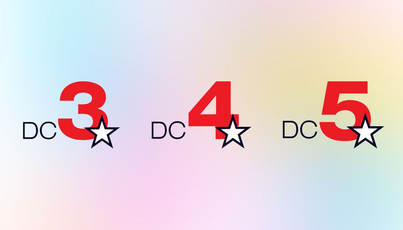 The DC 3, DC 4, and DC 5 logos over a colored background.
