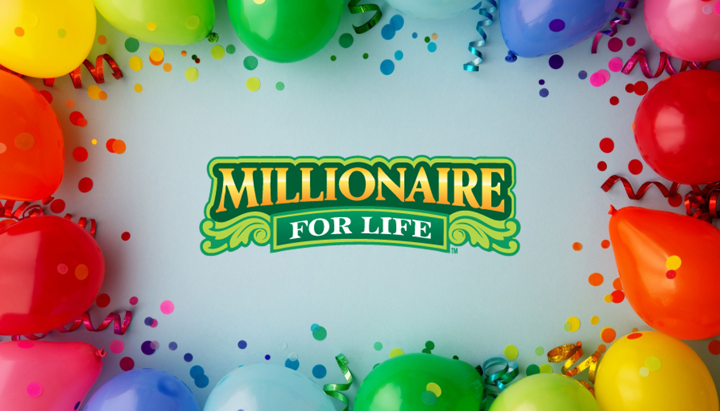 The Millionaire for Life logo over a background with balloons and confetti.