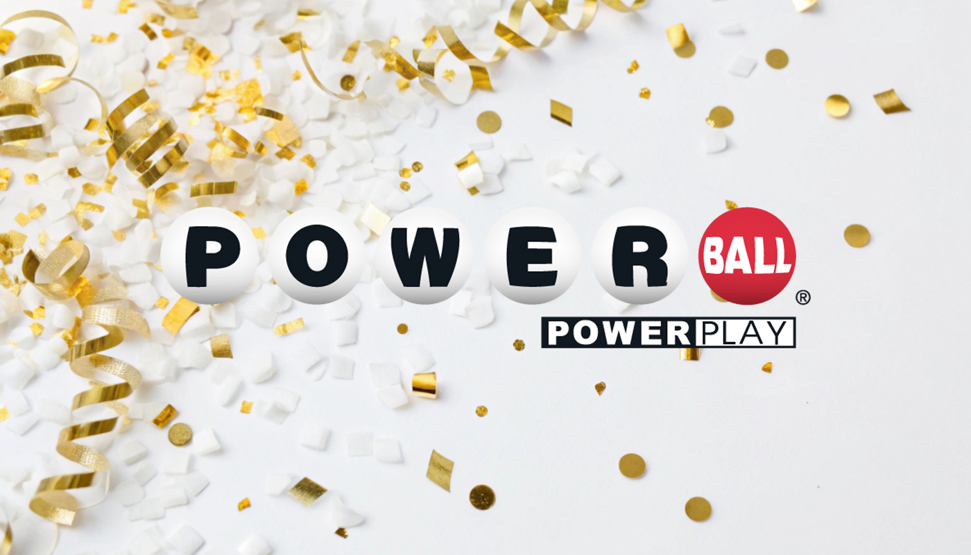 The Powerball logo over a white backgorund with golden confetti.