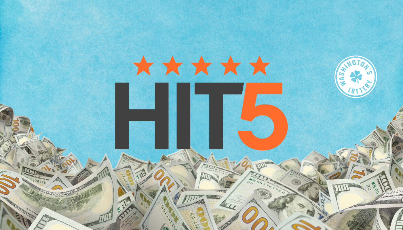 The Washington Lottery and Hit 5 logos over a sky blue background with U.S. dollar bills piling up.